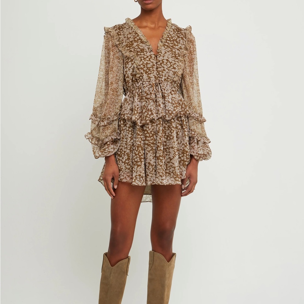 Opt Brown Floral Long Sleeve Dress, xs